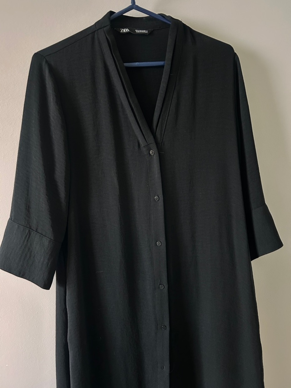 Zara Black V-Neck Button-Front Midi Shirt Dress